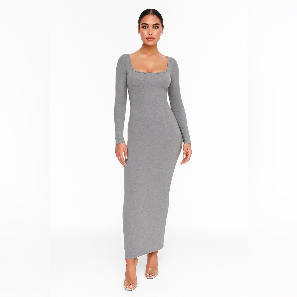 SKIMS Soft Lounge Long Ribbed Long Sleeve Maxi Dress Heather Gray Size XS